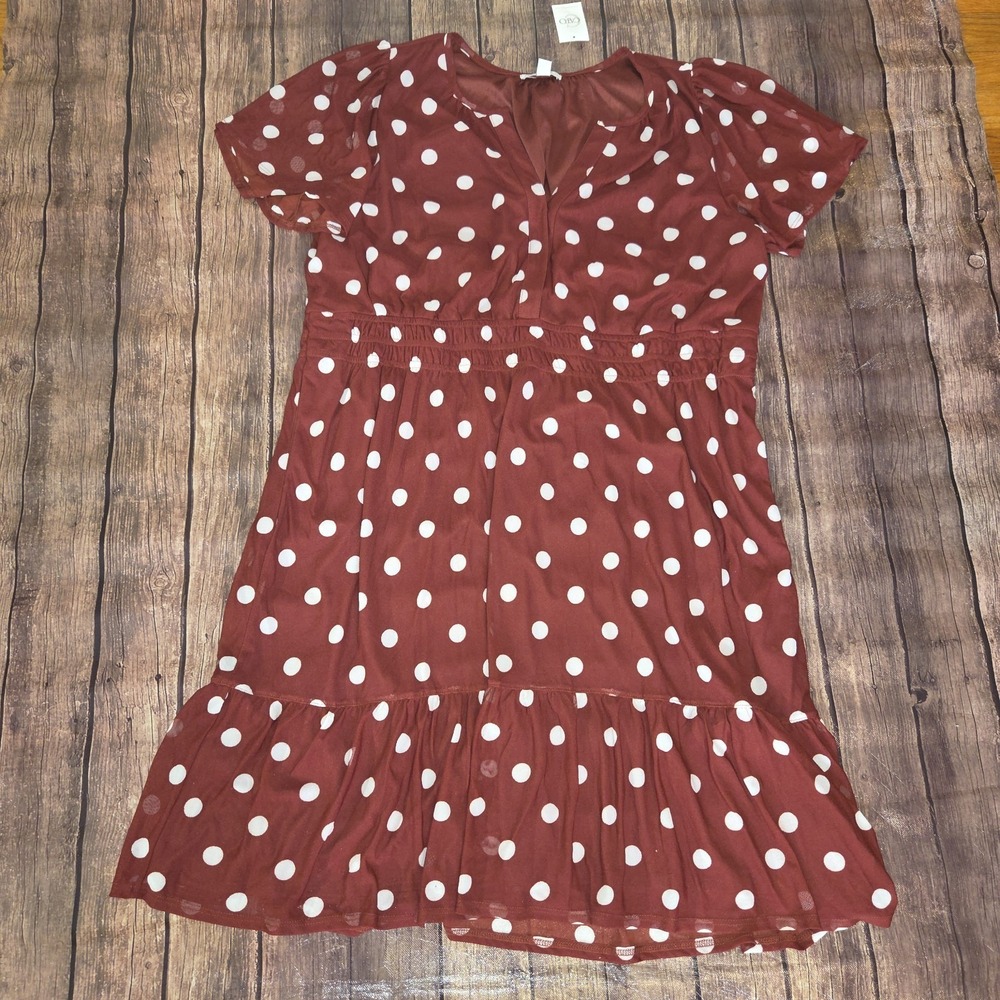 Cato Polka Dot Midi Dress Womens 22/24W Reddish Brown Short Sleeve Pockets Lined